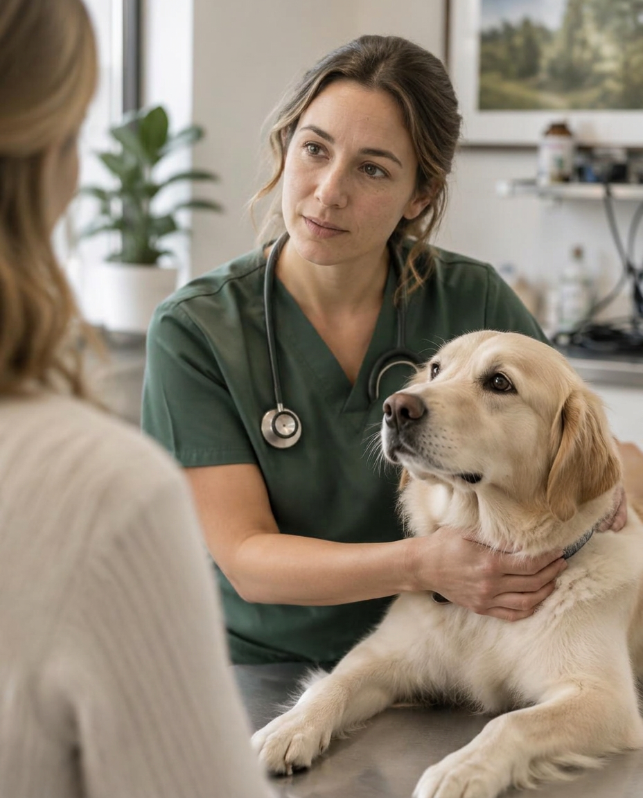 Un medic veterinar examinând un câine